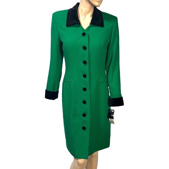 Kasper ASL Vintage Green Blazer Coat Dress Size 8 Velour Collar & Cuffs NWT - Picture 1 of 15